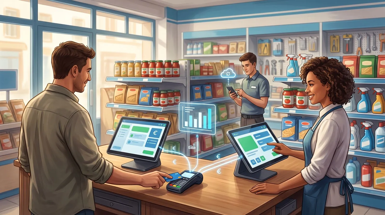 Negozio moderna collegata a ShoppiX2: cassa, POS, smartphone e statistiche